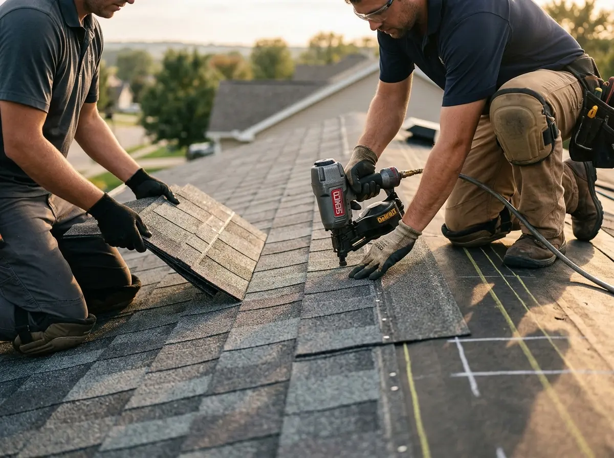 Professional roofer working on a residential roof in Farmers Branch